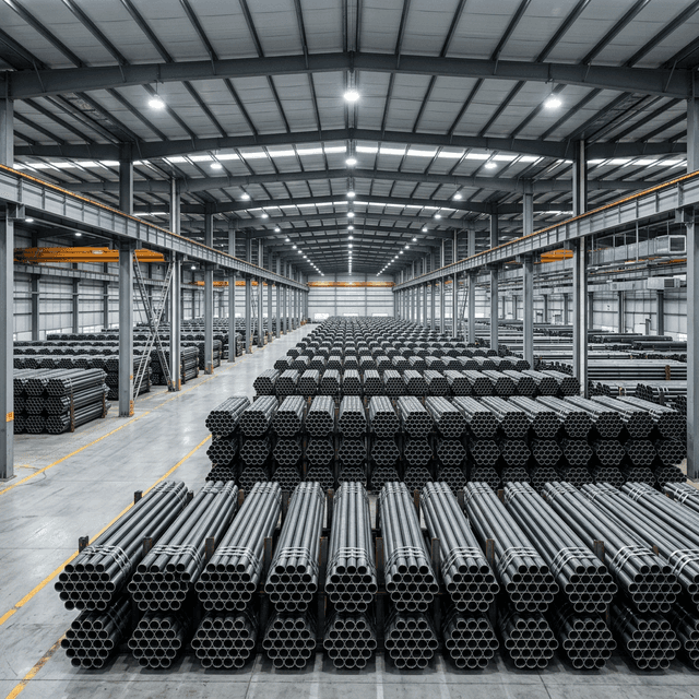 Tumpukan panjang pipa baja tanpa kampuh di gudang