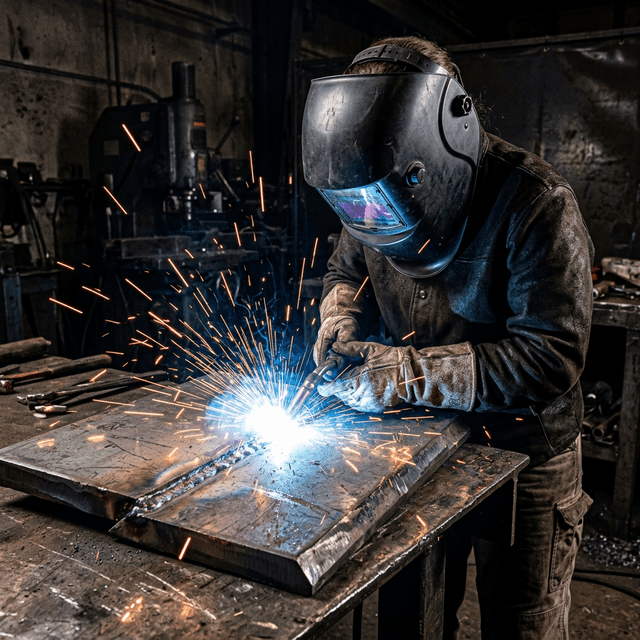 Pekerja mengelas baja